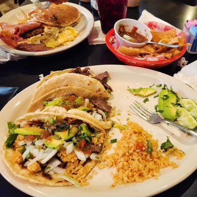 Fajita tacos and breakfast pancakes