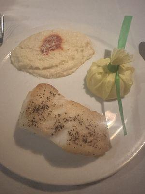 Sea Bass with cauliflower puree (that's a lemon half on the right)