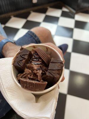 Chocolate ice cream with brownies, Reese's and chocolate sauce