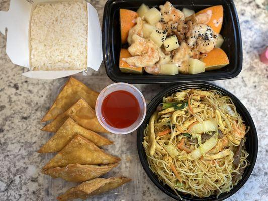 Honey Walnut Shrimp (comes with rice), Singapore Rice Noodles, Crab Wontons