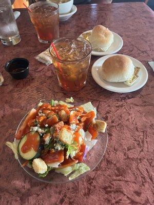 Brandy old fashion, salad and roll.