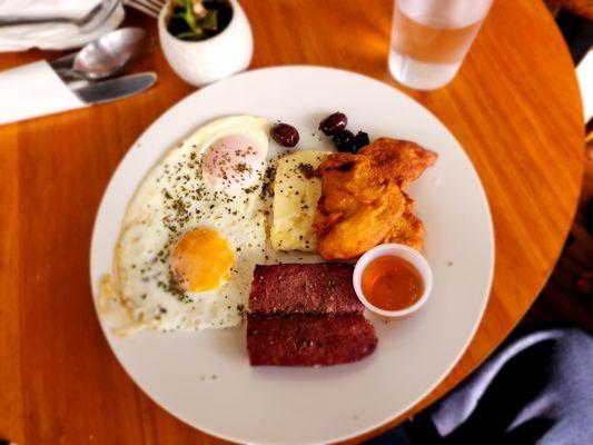 Albanian breakfast with Albanian sausage and  fried feta