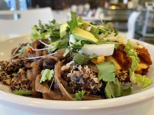 Pulled Banana Peels/Pimento Cheese/Quinoa/Stewed Beans/Masa Shell/Chipolte Tomato Sauce/Sprouted Quinoa/Shredded cabbage & Avocado.