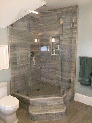 Tile shower w/ heavy glass enclosure.