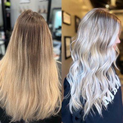 The picture on the left is my color grown out from 3/2022 and the picture on the right is fresh color and cut!