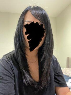 Trimmed 5 inches + heavy layers to remove damaged hair from old balayage and hid my self botched micro bangs.