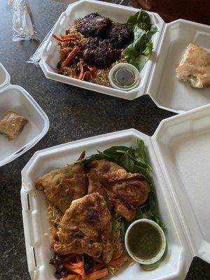 Chapli kebab (top) and chicken sambosa (bottom)