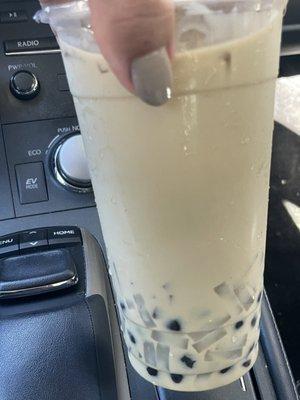 "Matcha" Milk Tea w/Boba & Lychee Jelly - highly sus