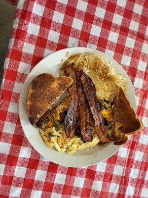 Bacon eggs with hash brown and toast.