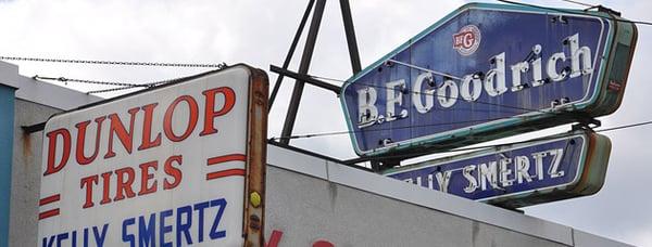 The classic tires signs that adorn Kelly Smertz Tires