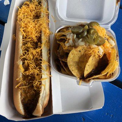 Foot long Cheese Coney, Super Chili Nachos (small)