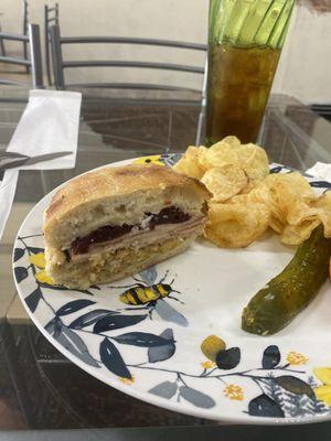 Thanksgiving sandwich with turkey, stuffing, cranberry, and a thin layer of cream cheese to top it off!