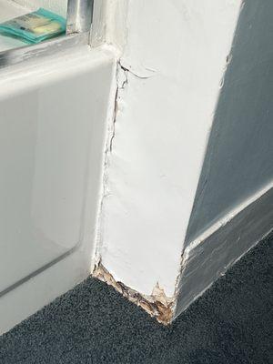 Moldy deteriorated wall near the shower, inches from one of the beds.