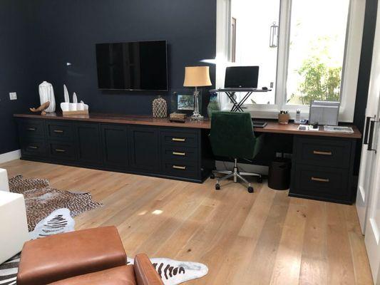 Polo Blue Fine Finished Inset Door, Face Frame Cabinetry; with Solid Walnut Top. Custom Office in Corona Del Mar, CA