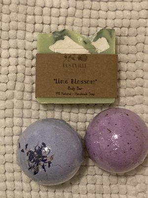 Lime Blossom soap, Bluebonnet, and Lavender bath bombs