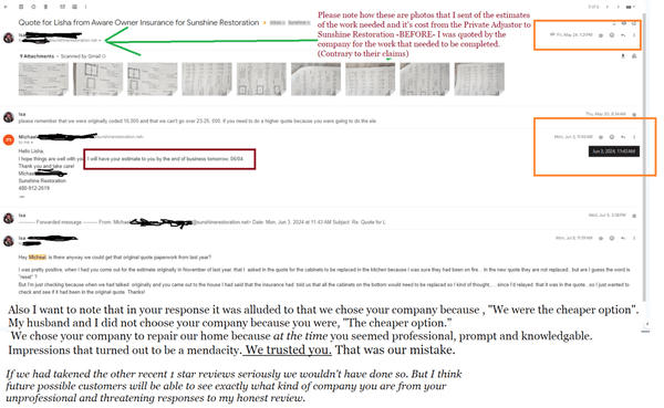 Showing emails that verify that they had all the information from our Private adjuster before even quoting us.