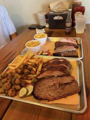 Platter- brisket and ribs  Sides- corn, mac n cheese, fried okra, fries