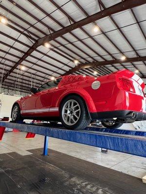 This red Ford Mustang Cobra  GT500 got a full undercarriage wash.