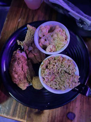 Catfish Entree with Creole Mac n' Cheese and dirty rice