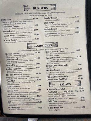 Menu - burgers, sandwiches and salads