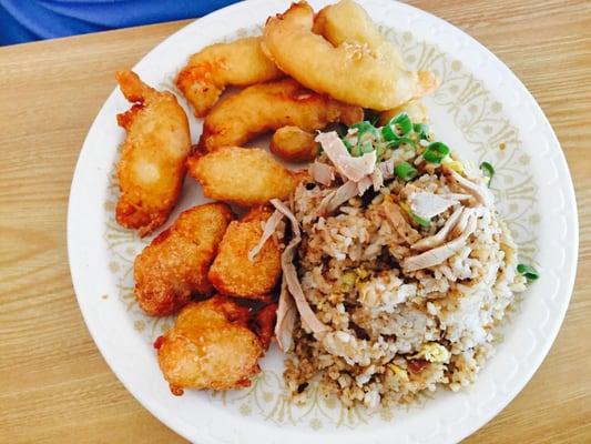 Pork Fried Rice, Fried Shrimp and Sesame Chicken