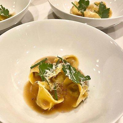 hand made tortellini - chanterelle duxelles, mushroom brodo, pecorino romano