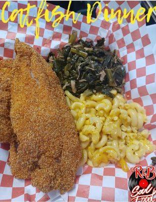 Catfish, collards, Mac & Cheese