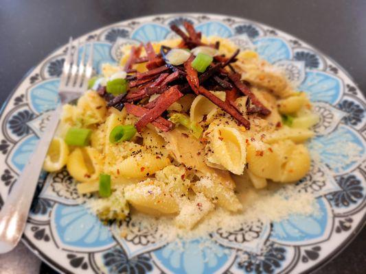 Lemon cream pasta with botched veggies and fried vegan pepperoni