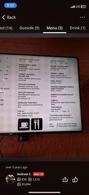 Menu showing gluten free bread options