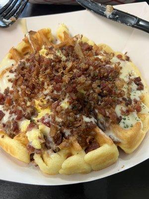 Queso, Egg, Bacon Waffle