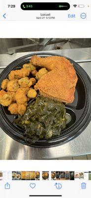 Fried Leg Quarter, Collards, Fried Okra, Corn Muffin