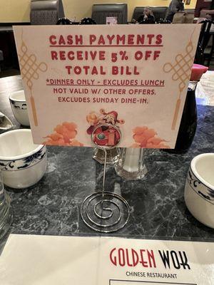 Cash payments receive 5% off total bill, dinner only