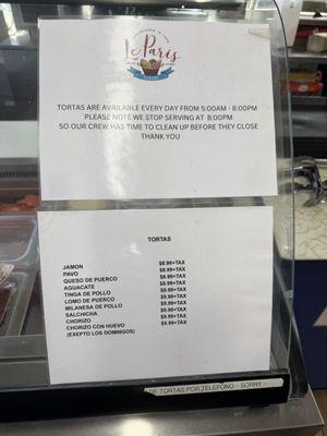 Torta menu, hours