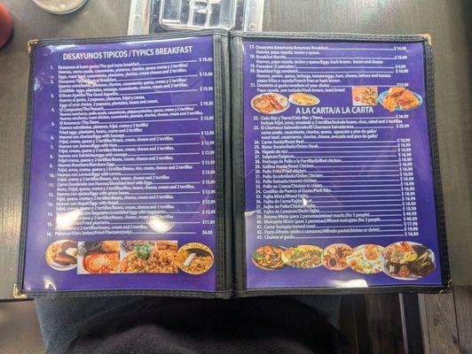 Breakfast menu and a la carte items