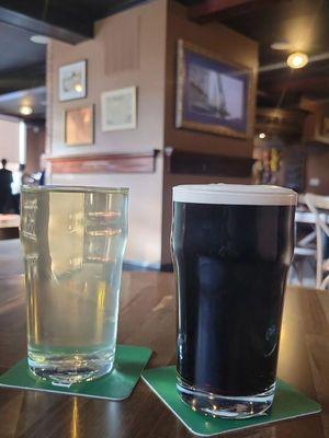 Pint of Hardscrabble cider and pint of Guinness