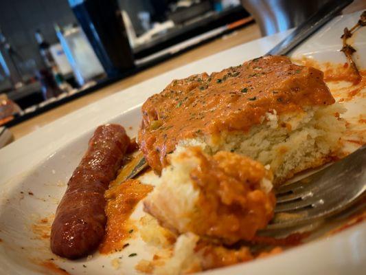 Biscuits w/ Tomato Gravy plus Andouille sausage