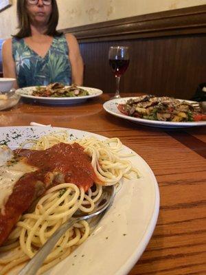 Table, Eggplant Rollatini, Grilled Chicken & Vegetables, soup, wine.