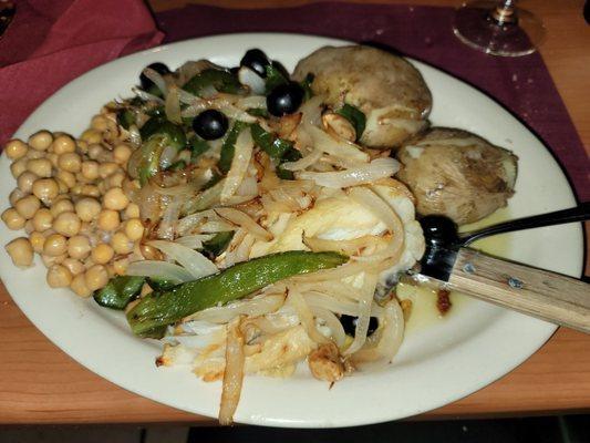 Cod fish with potatoes, peppers onions,garlic and chick peas