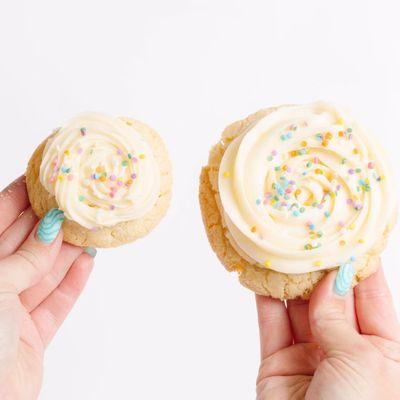 mini sugar chip and sugar chip - Chip Cookie's signature sugar cookie topped with our famous cream cheese frosting and topped with sprinkles