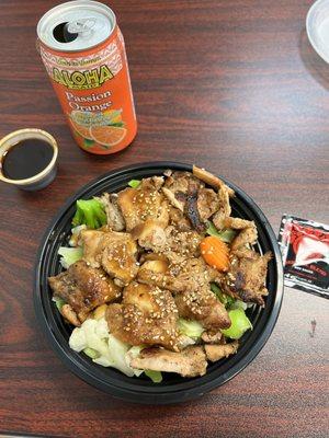 B1. Teri Chicken Bowl , Teriyaki Sauce 2 oz, Hawaiian Soy sauce packet, Aloha Maid (Passion Orange) Soda.