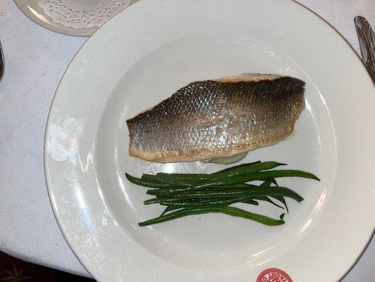 Branzino atop Mashed Potatoes with Haricot Verts