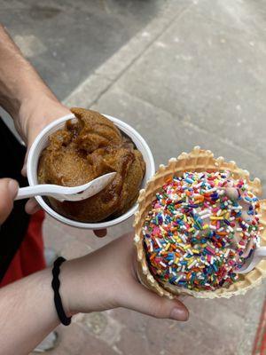 Rooter beer ice & soft served chocolate with rainbow sprinkles in a waffle cone