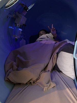 Hyperbaric chamber comfy and getting ready to watch some netflix!!