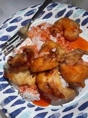 Burnt, overcooked Sweet and Sour Shrimp