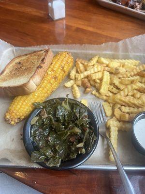 "Vegetable" plate with collard greens, fried corn, and French fries