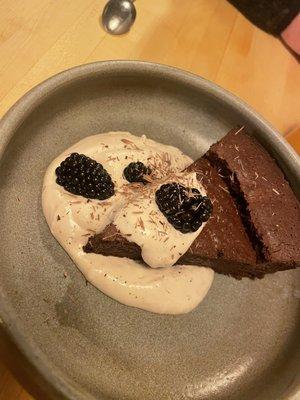 Flourless chocolate cake, pomegranate cream-excellent.