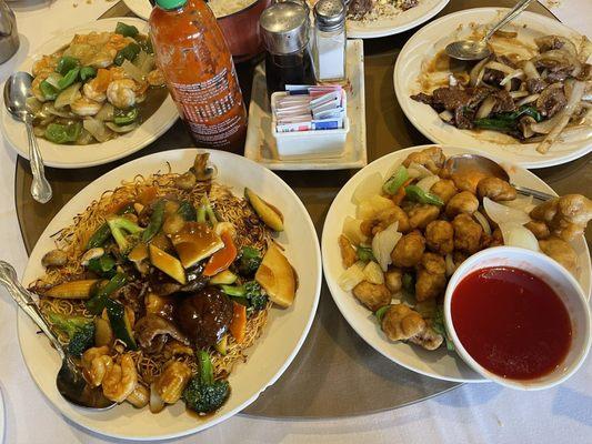 2/2024 top left to right: Curry shrimp, house special pan fried noodle with beef, shrimp, chicken, sweet & sour pork, and Mongolian beef