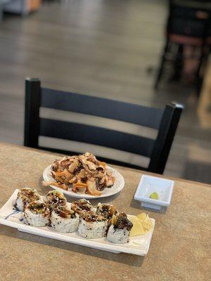 So good: eel roll and Asahi squid Salad