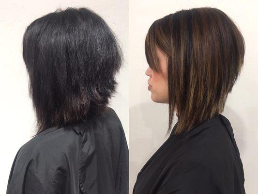 Before and after of one Session corrective color, from black and red hair color