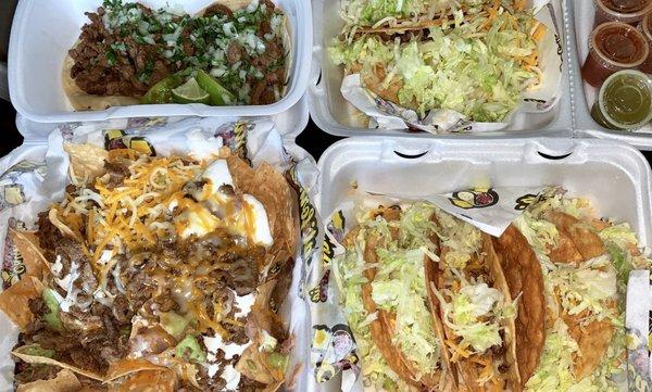 Carne Asada Mini Taco, Super Nachos with carne asada, and Ground Beef Crispy Taco